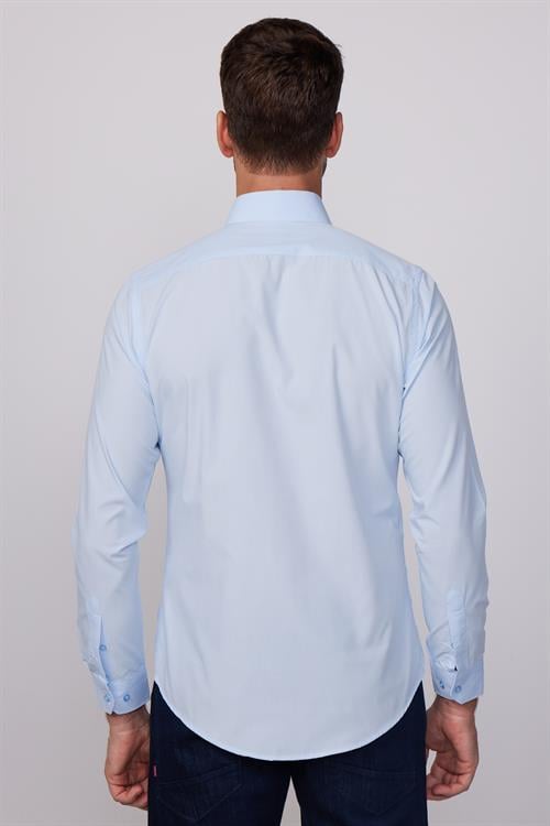 Erkek Slim Fit Dar Kesim Pamuklu Terry Cotton Kumaş Kolay Ütü Mavi Gömlek
