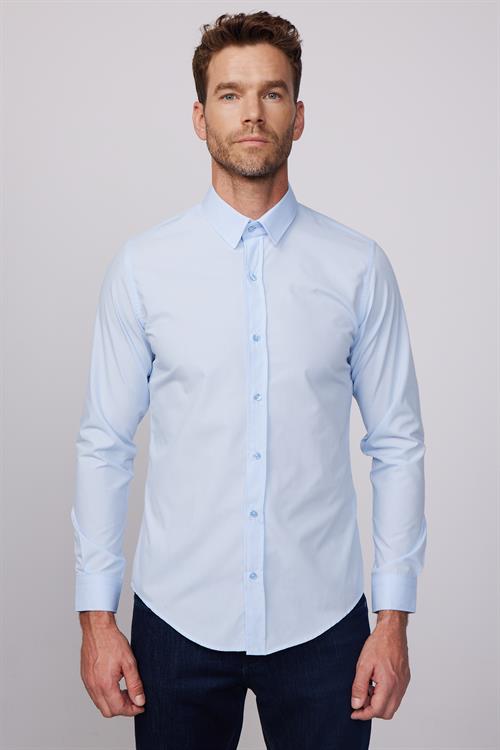 Erkek Slim Fit Dar Kesim Pamuklu Terry Cotton Kumaş Kolay Ütü Mavi Gömlek