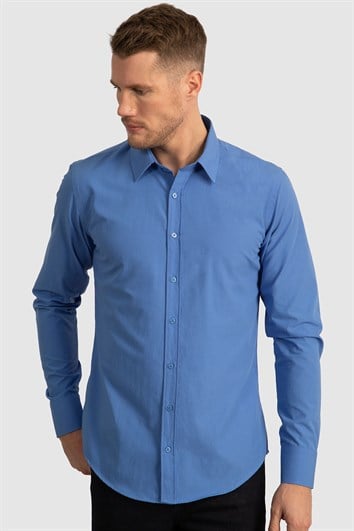 Erkek Slim Fit Dar Kesim Pamuklu Terry Cotton Kumaş Kolay Ütü Mavi Gömlek