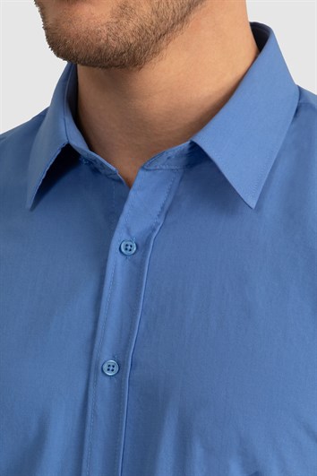 Erkek Slim Fit Dar Kesim Pamuklu Terry Cotton Kumaş Kolay Ütü Mavi Gömlek