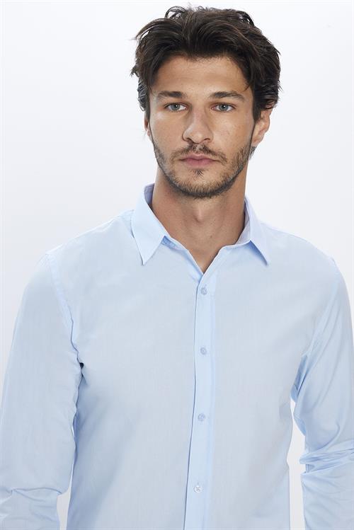 Erkek Slim Fit Dar Kesim Pamuklu Terry Cotton Kumaş Kolay Ütü Mavi Gömlek