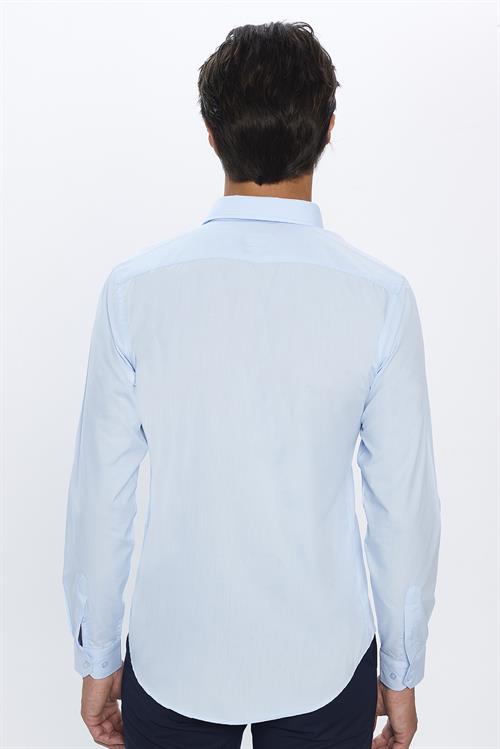 Erkek Slim Fit Dar Kesim Pamuklu Terry Cotton Kumaş Kolay Ütü Mavi Gömlek