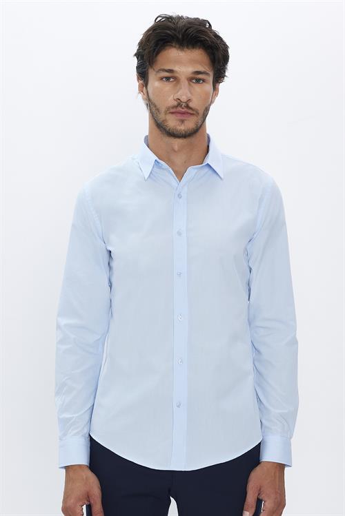 Erkek Slim Fit Dar Kesim Pamuklu Terry Cotton Kumaş Kolay Ütü Mavi Gömlek