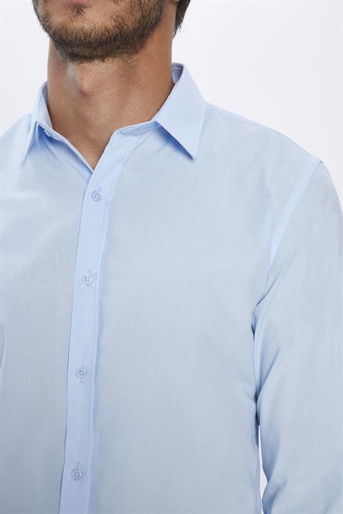 Erkek Slim Fit Dar Kesim Pamuklu Terry Cotton Kumaş Kolay Ütü Mavi Gömlek
