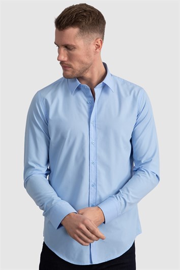Erkek Slim Fit Dar Kesim Pamuklu Terry Cotton Kumaş Kolay Ütü Mavi Gömlek