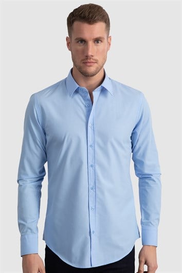 Erkek Slim Fit Dar Kesim Pamuklu Terry Cotton Kumaş Kolay Ütü Mavi Gömlek