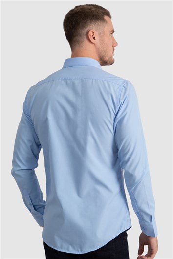 Erkek Slim Fit Dar Kesim Pamuklu Terry Cotton Kumaş Kolay Ütü Mavi Gömlek