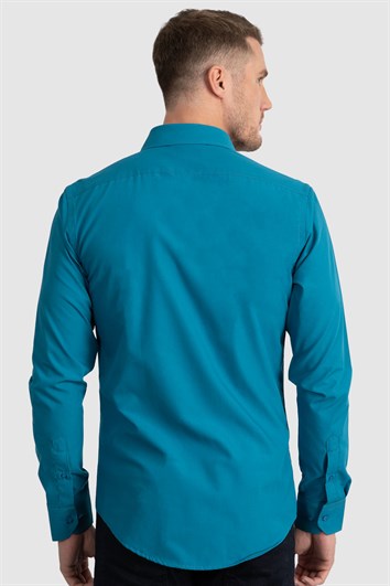 Erkek Slim Fit Dar Kesim Pamuklu Terry Cotton Kumaş Kolay Ütü Petrol Gömlek