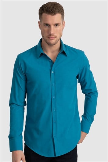Erkek Slim Fit Dar Kesim Pamuklu Terry Cotton Kumaş Kolay Ütü Petrol Gömlek