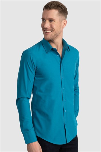 Erkek Slim Fit Dar Kesim Pamuklu Terry Cotton Kumaş Kolay Ütü Petrol Gömlek
