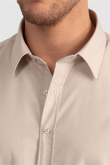 Erkek Slim Fit Dar Kesim Pamuklu Terry Cotton Kumaş Kolay Ütü Taş Renk Gömlek