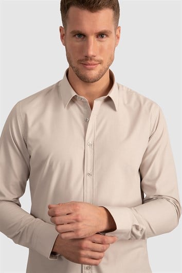 Erkek Slim Fit Dar Kesim Pamuklu Terry Cotton Kumaş Kolay Ütü Taş Renk Gömlek