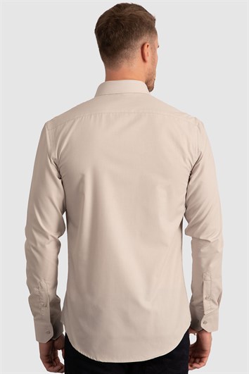 Erkek Slim Fit Dar Kesim Pamuklu Terry Cotton Kumaş Kolay Ütü Taş Renk Gömlek