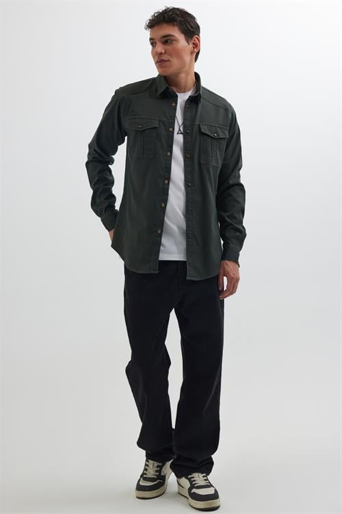 Slim Fit Uzun Kollu Spor Yaka Yıkamalı Çift Cepli Armürlü Denim Kot Erkek Haki Gömlek
