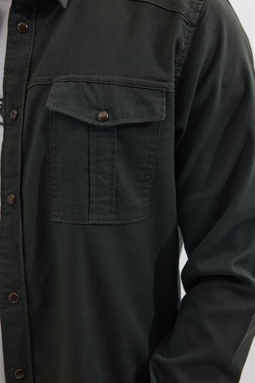 Slim Fit Uzun Kollu Spor Yaka Yıkamalı Çift Cepli Armürlü Denim Kot Erkek Haki Gömlek