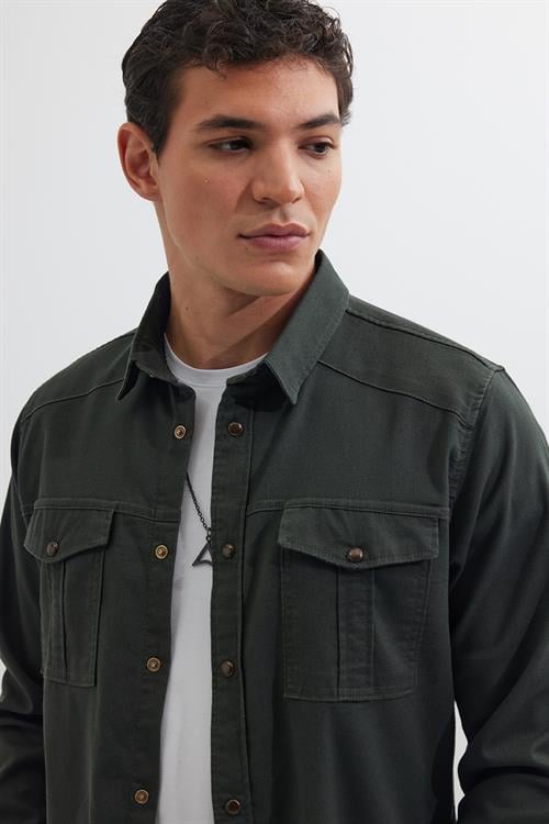 Slim Fit Uzun Kollu Spor Yaka Yıkamalı Çift Cepli Armürlü Denim Kot Erkek Haki Gömlek