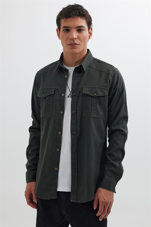 Slim Fit Uzun Kollu Spor Yaka Yıkamalı Çift Cepli Armürlü Denim Kot Erkek Haki Gömlek