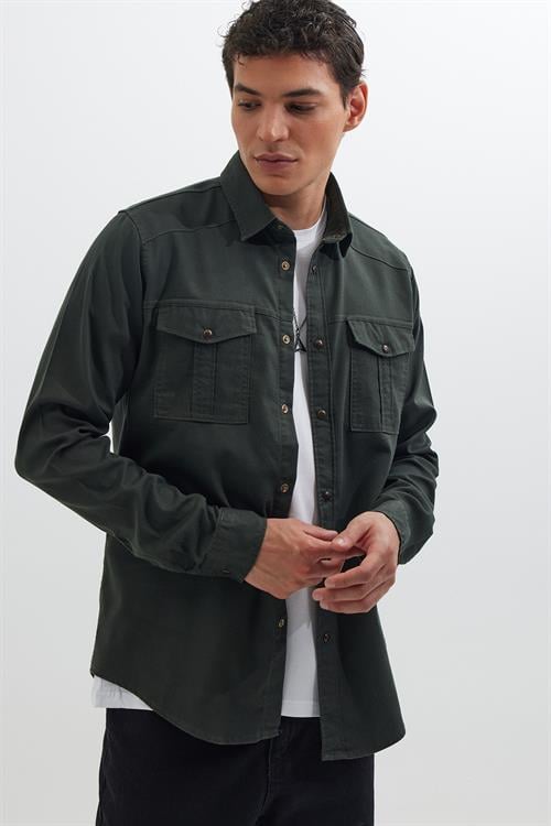 Slim Fit Uzun Kollu Spor Yaka Yıkamalı Çift Cepli Armürlü Denim Kot Erkek Haki Gömlek