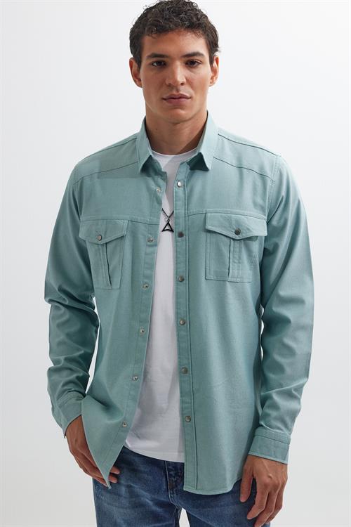 Slim Fit Uzun Kollu Spor Yaka Yıkamalı Çift Cepli Armürlü Denim Kot Mint Erkek Gömlek