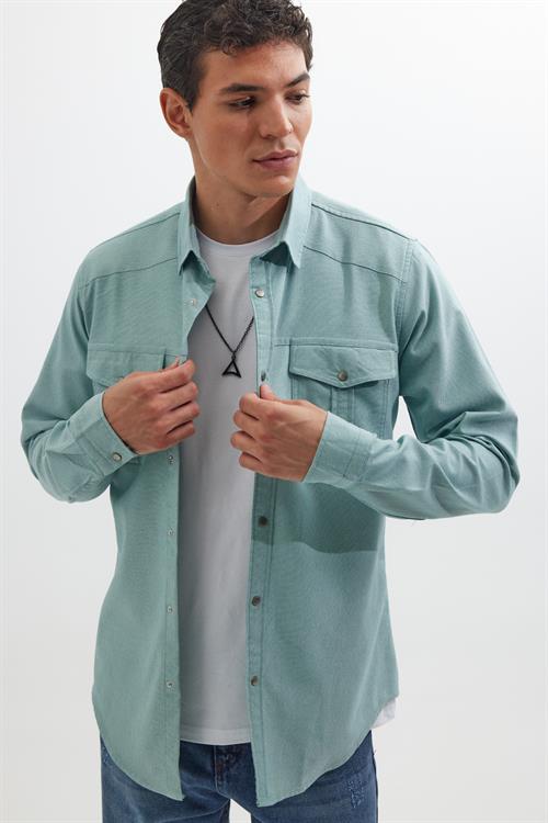 Slim Fit Uzun Kollu Spor Yaka Yıkamalı Çift Cepli Armürlü Denim Kot Mint Erkek Gömlek