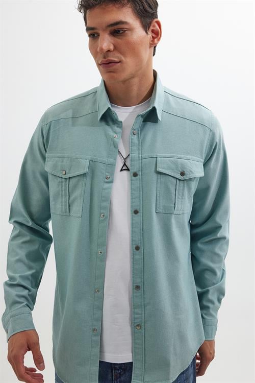 Slim Fit Uzun Kollu Spor Yaka Yıkamalı Çift Cepli Armürlü Denim Kot Mint Erkek Gömlek