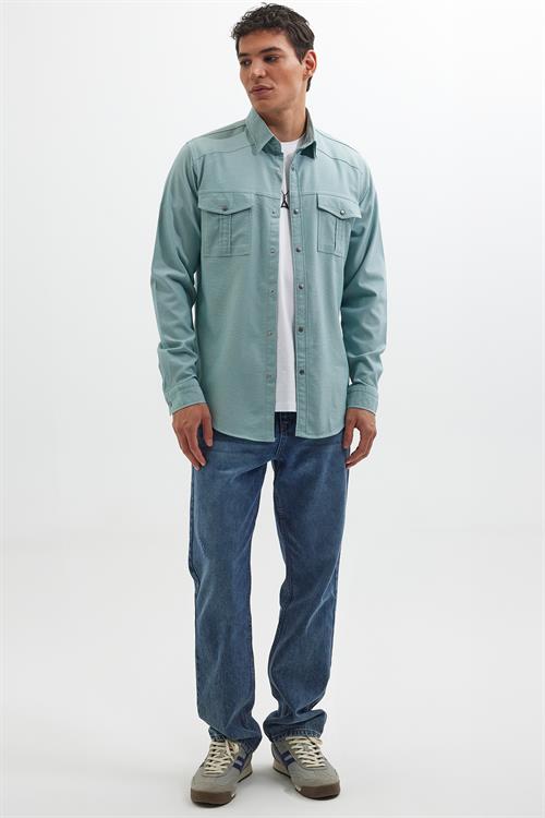 Slim Fit Uzun Kollu Spor Yaka Yıkamalı Çift Cepli Armürlü Denim Kot Mint Erkek Gömlek