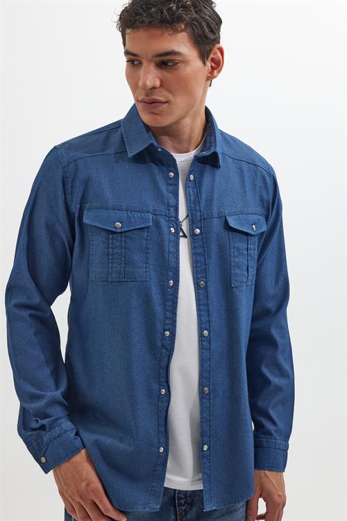 Slim Fit Uzun Kollu Spor Yaka Yıkamalı Çift Cepli Armürlü Denim Kot İndigo Erkek Gömlek