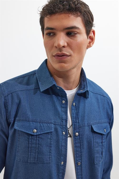 Slim Fit Uzun Kollu Spor Yaka Yıkamalı Çift Cepli Armürlü Denim Kot İndigo Erkek Gömlek