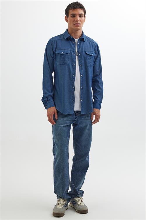 Slim Fit Uzun Kollu Spor Yaka Yıkamalı Çift Cepli Armürlü Denim Kot İndigo Erkek Gömlek