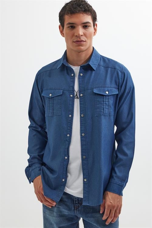 Slim Fit Uzun Kollu Spor Yaka Yıkamalı Çift Cepli Armürlü Denim Kot İndigo Erkek Gömlek