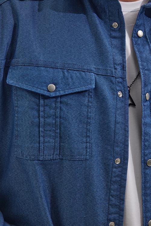 Slim Fit Uzun Kollu Spor Yaka Yıkamalı Çift Cepli Armürlü Denim Kot İndigo Erkek Gömlek