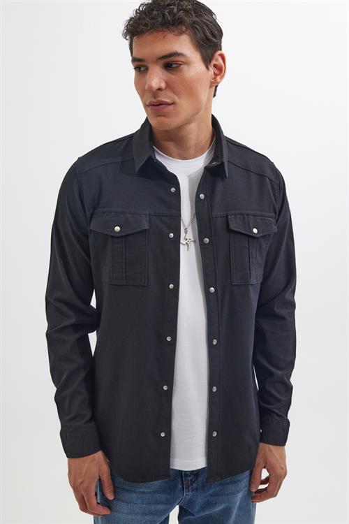Slim Fit Uzun Kollu Spor Yaka Yıkamalı Çift Cepli Armürlü Denim Kot Siyah Erkek Gömlek