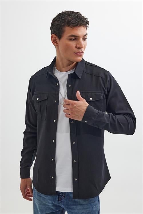 Slim Fit Uzun Kollu Spor Yaka Yıkamalı Çift Cepli Armürlü Denim Kot Siyah Erkek Gömlek
