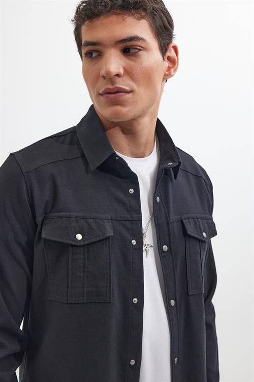 Slim Fit Uzun Kollu Spor Yaka Yıkamalı Çift Cepli Armürlü Denim Kot Siyah Erkek Gömlek