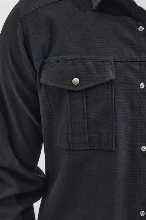 Slim Fit Uzun Kollu Spor Yaka Yıkamalı Çift Cepli Armürlü Denim Kot Siyah Erkek Gömlek