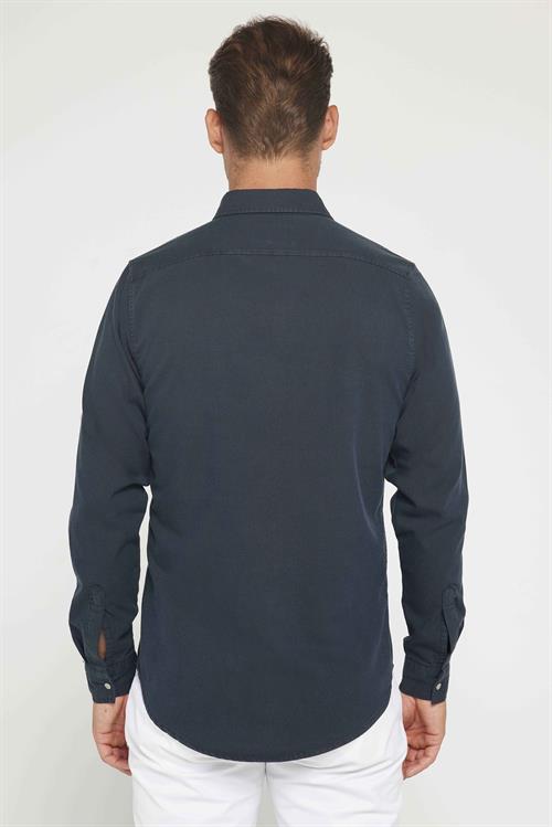 Erkek Slim Fit Uzun Kollu Spor Yaka Yıkamalı Çift Cepli Armürlü Denim Kot Antrasit Gömlek