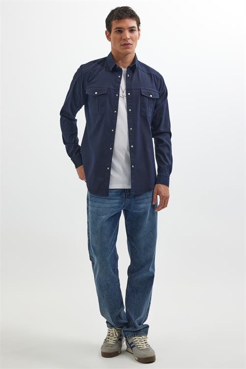 Erkek Slim Fit Uzun Kollu Spor Yaka Yıkamalı Çift Cepli Armürlü Denim Kot Lacivert Gömlek