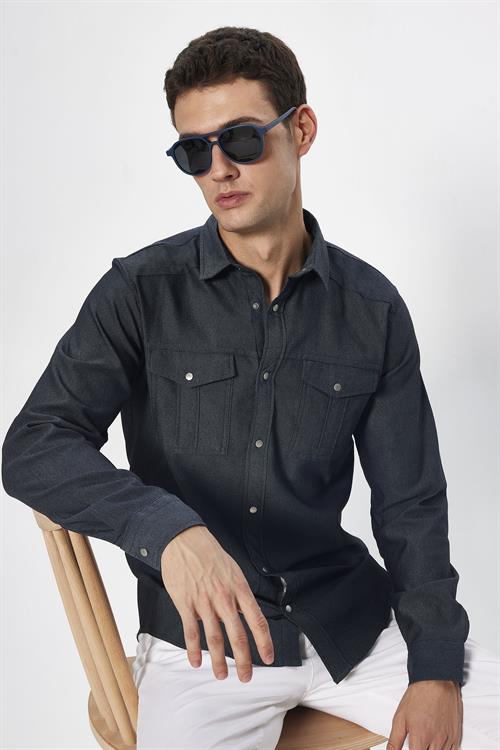 Erkek Slim Fit Dar Kesim Denim Kot Yıkamalı Çift Cepli İndigo Spor Yaka Gömlek