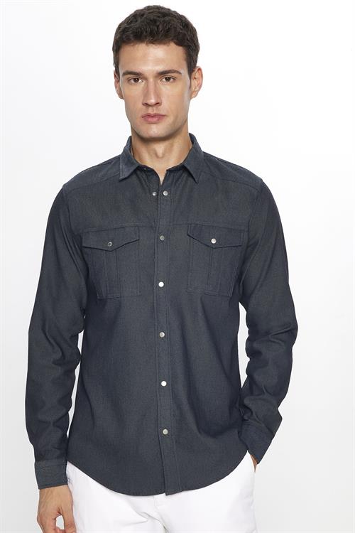 Erkek Slim Fit Dar Kesim Denim Kot Yıkamalı Çift Cepli İndigo Spor Yaka Gömlek