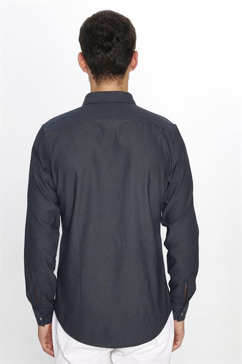 Erkek Slim Fit Dar Kesim Denim Kot Yıkamalı Çift Cepli İndigo Spor Yaka Gömlek