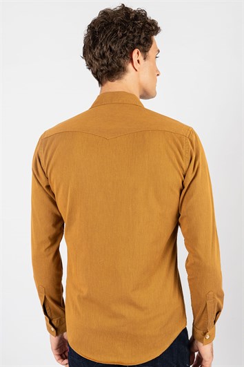 Slim Fit Uzun Kollu Dar Kesim Çift Cep Denim Kot Gabardin Erkek Kahve Gömlek