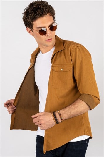 Slim Fit Uzun Kollu Dar Kesim Çift Cep Denim Kot Gabardin Erkek Kahve Gömlek