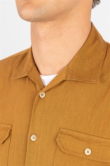 Slim Fit Uzun Kollu Dar Kesim Çift Cep Denim Kot Gabardin Erkek Kahve Gömlek