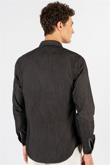 Slim Fit Uzun Kollu Dar Kesim Çıtçıtlı Düz Denim Kot Yıkamalı Erkek Siyah Gömlek