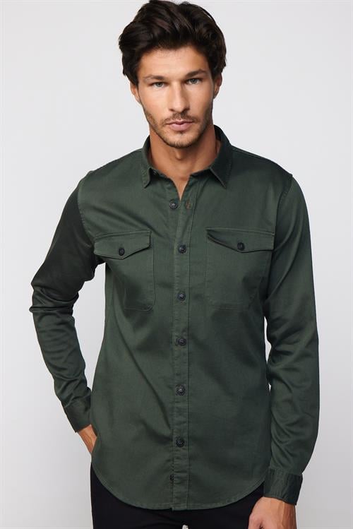 Slım Fit Uzun Kollu Düz Denim Kot Cepli Gabardin Erkek Haki Gömlek