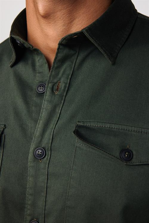 Slım Fit Uzun Kollu Düz Denim Kot Cepli Gabardin Erkek Haki Gömlek