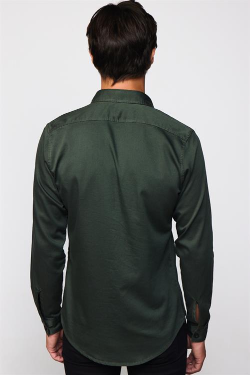 Slım Fit Uzun Kollu Düz Denim Kot Cepli Gabardin Erkek Haki Gömlek
