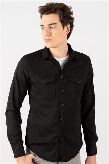 Slim Fit Uzun Kollu Denim Kot Düz Cepli Gabardin Erkek Siyah Gömlek