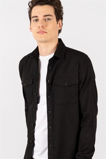 Slim Fit Uzun Kollu Denim Kot Düz Cepli Gabardin Erkek Siyah Gömlek