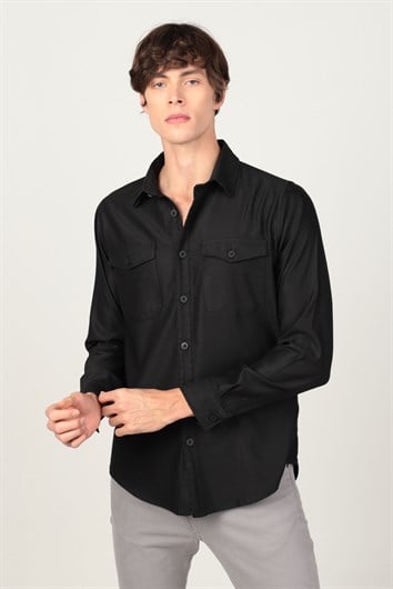 Slım Fit Uzun Kollu Düz Cepli Gabardin Denim Kot Erkek Siyah Gömlek